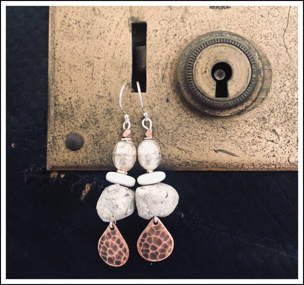 Tribal Totems Earrings. Stone, Wood & Moroccan Pottery Beads. Sterl Silv Wires.