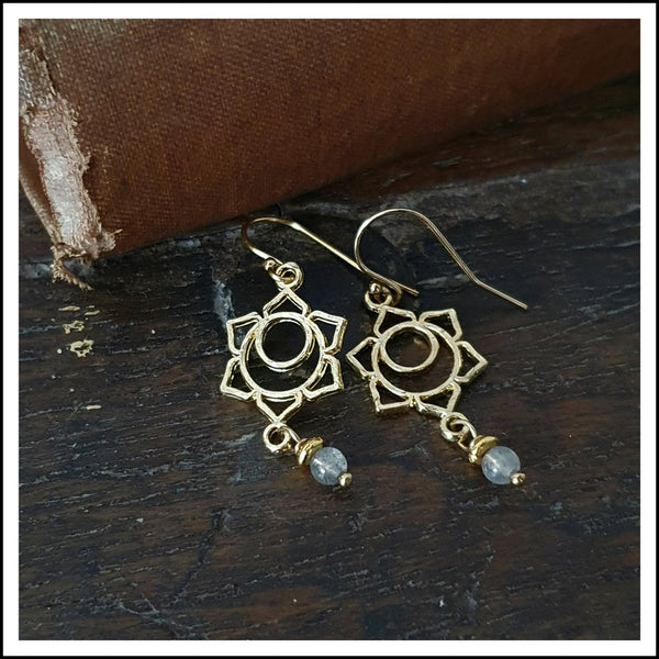 Indriya Standard Ear Wires. Labradorite Beads. 14K Gold Plated Chakra Pendants
