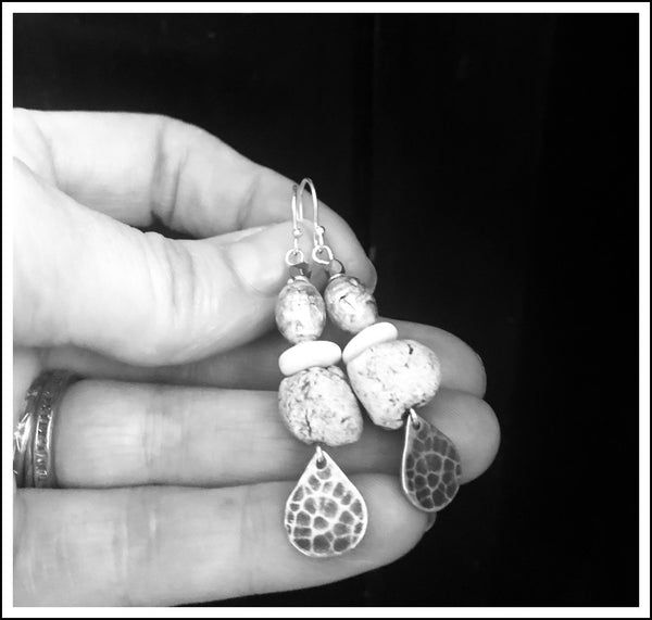 Tribal Totems Earrings. Stone, Wood & Moroccan Pottery Beads. Sterl Silv Wires.