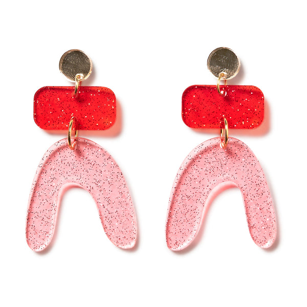 Jean Earrings. Gold Mirror, Red & Pink Clear Glitter