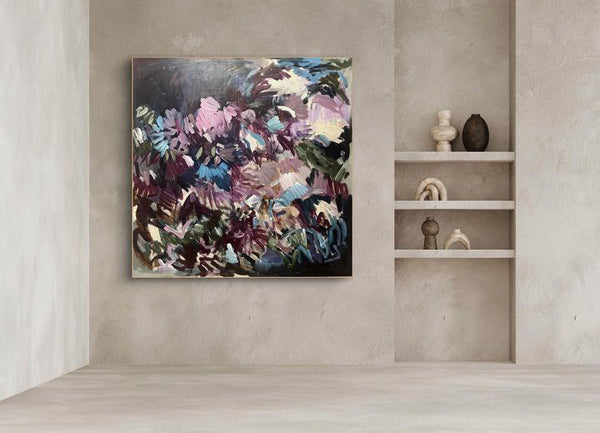 "Gypsy Flowers" by Aliki Kapoor 155 x 155cm Framed in Oak