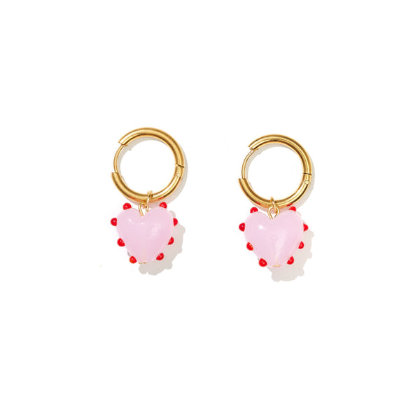 Heart Drop Hoops. Red & Pink on Gold