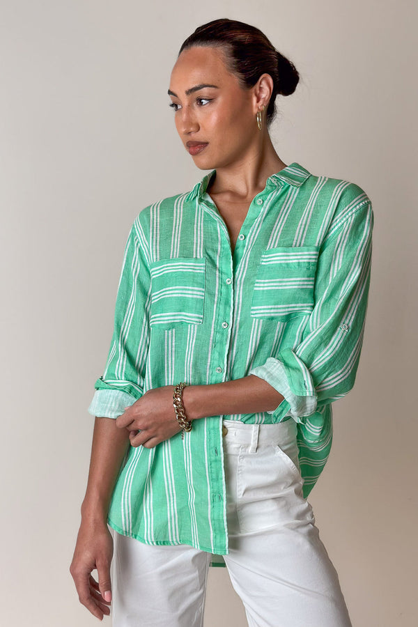 The Boyfriend Linen Shirt - Island Green Stripe