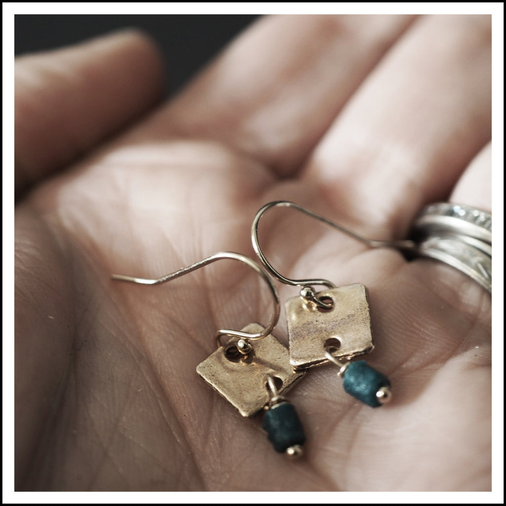 Lagoon Ear Wires. Bronze Pendants. Teal Krobo Handmade Beads. Gold Filled Ear Wires.
