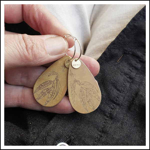 Native Etched Hoops. Patinaed Drops Etched with Original Native Flora Sketches