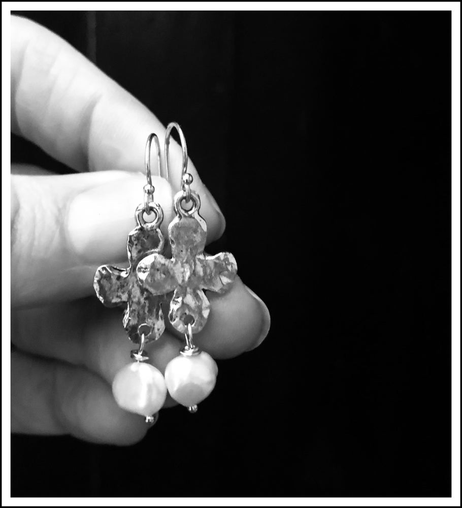 Roman Relic Crosses Earrings. Freshwater Pearl. Silver Plated Pendant. Sterling Silver Ear Wires
