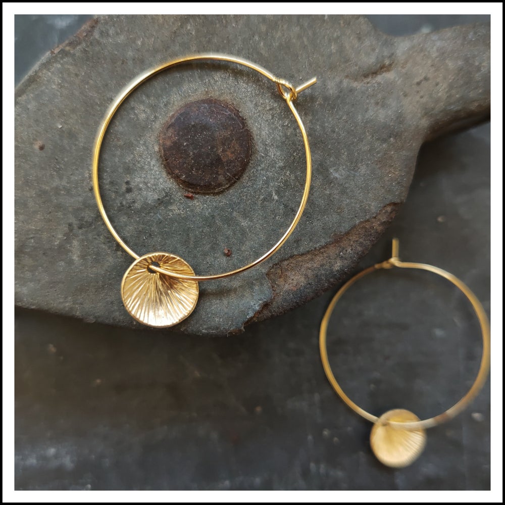 Gold Disk Hoops. 16K Gold Plated Disks and Matte Hoops.