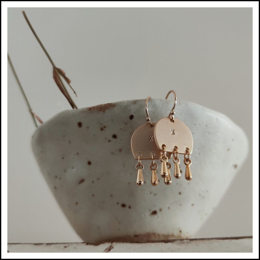 Kissed Moon Beam Earrings Brass. Brass Tear Charms. Gold Filled Ear Wires