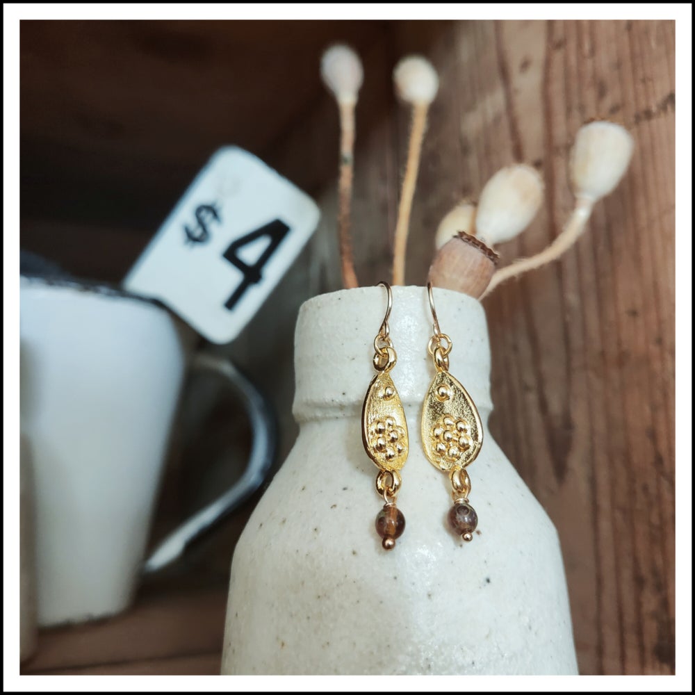 Embossed Flower Cocoon Standard Earwires. Amber Glass Beads. Gold Filled Ear Wires