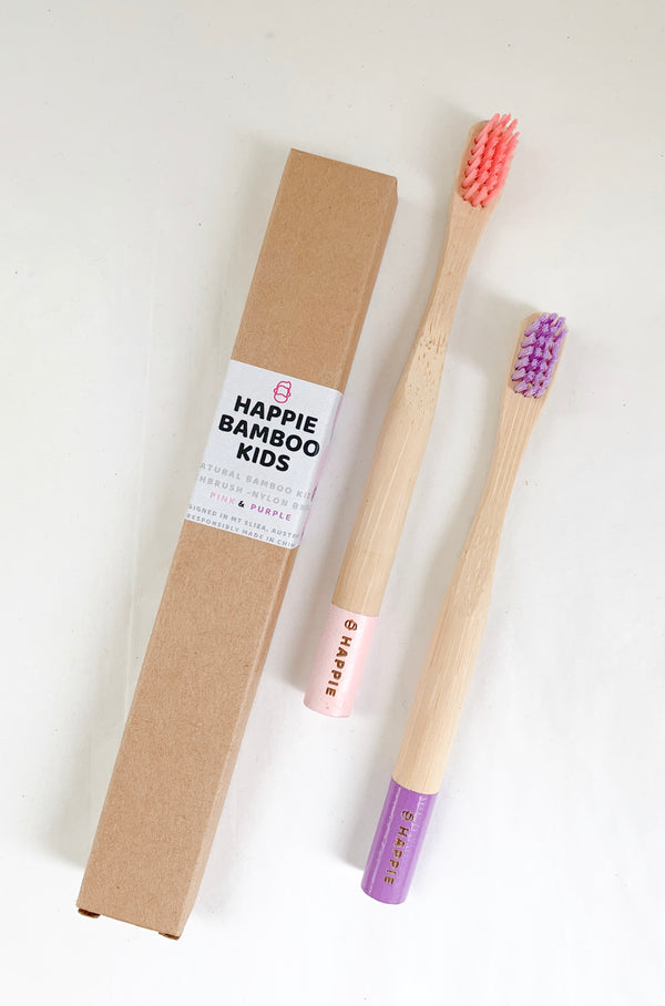 Natural Bamboo Kids Toothbrush. Medium Bristle Pack 2- Pink & Purple