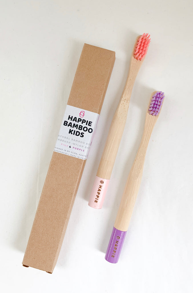 Natural Bamboo Kids Toothbrush. Medium Bristle Pack 2- Pink & Purple