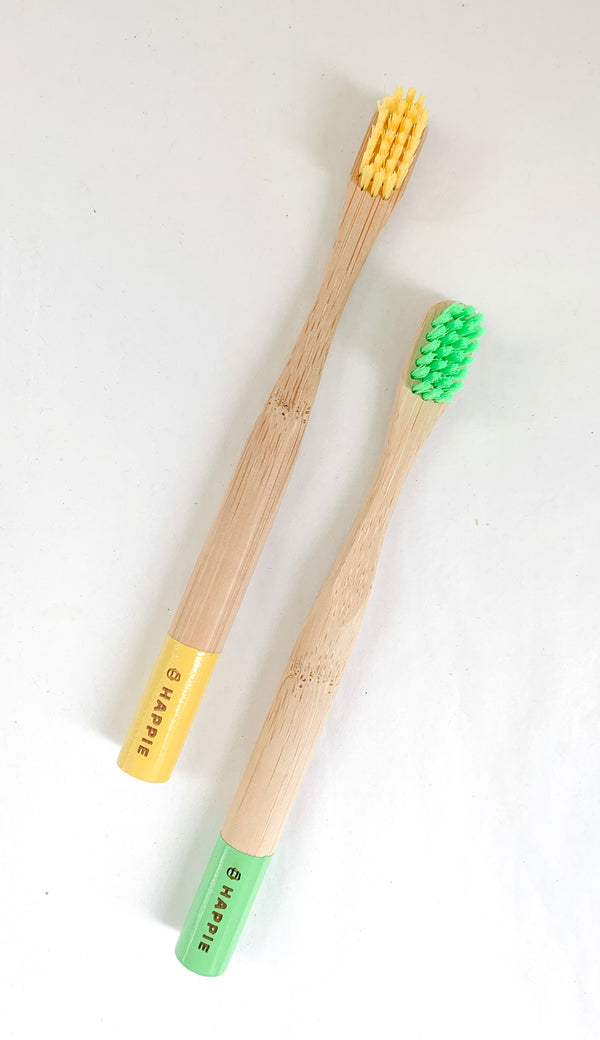 Natural Bamboo Kids Toothbrush. Medium Bristle Pack 2- Yellow & Green