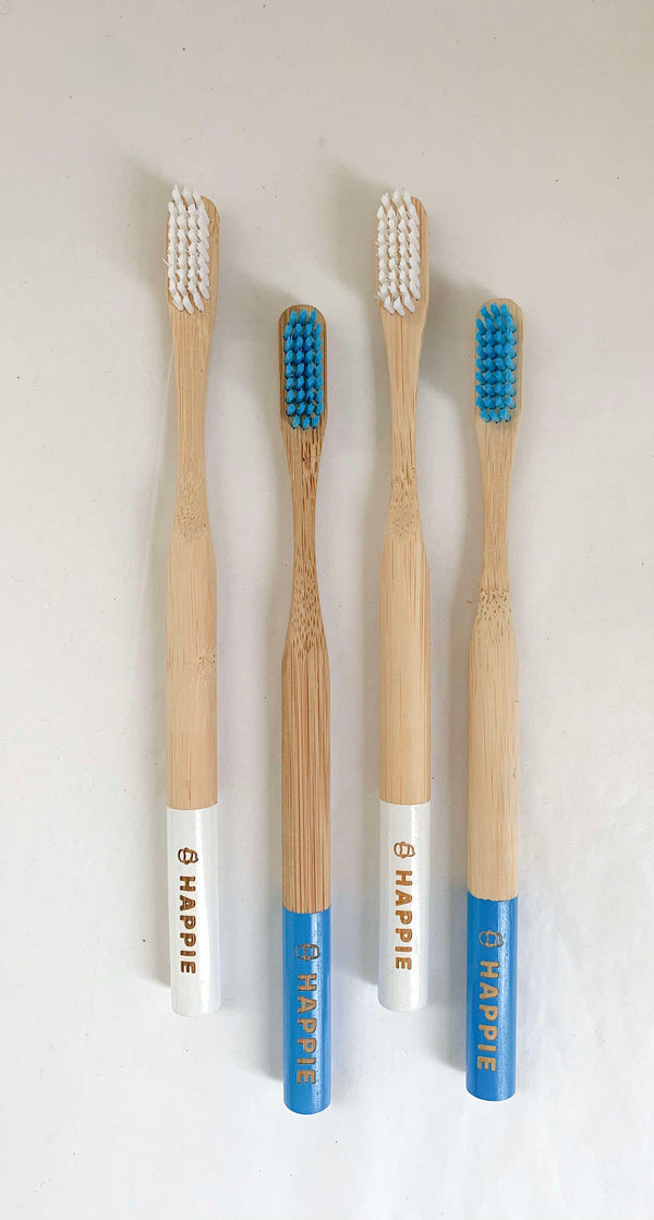 Natural Bamboo Adult Toothbrush. Medium Bristle Pack 4- Blue & White