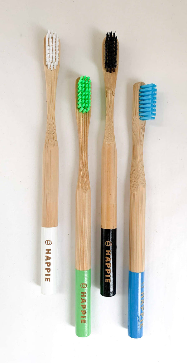 Natural Bamboo Adult Toothbrush. Medium Bristle Pack 4- Blue, Green, White & Black