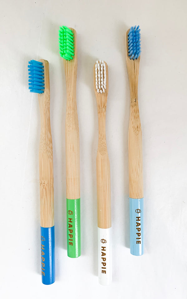 Natural Bamboo Adult Toothbrush. Medium Bristle Pack 4- Blue, Green, White & Dark Blue