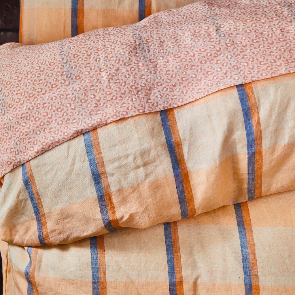 Theo Check Linen Quilt Cover Peach Soda- Queen