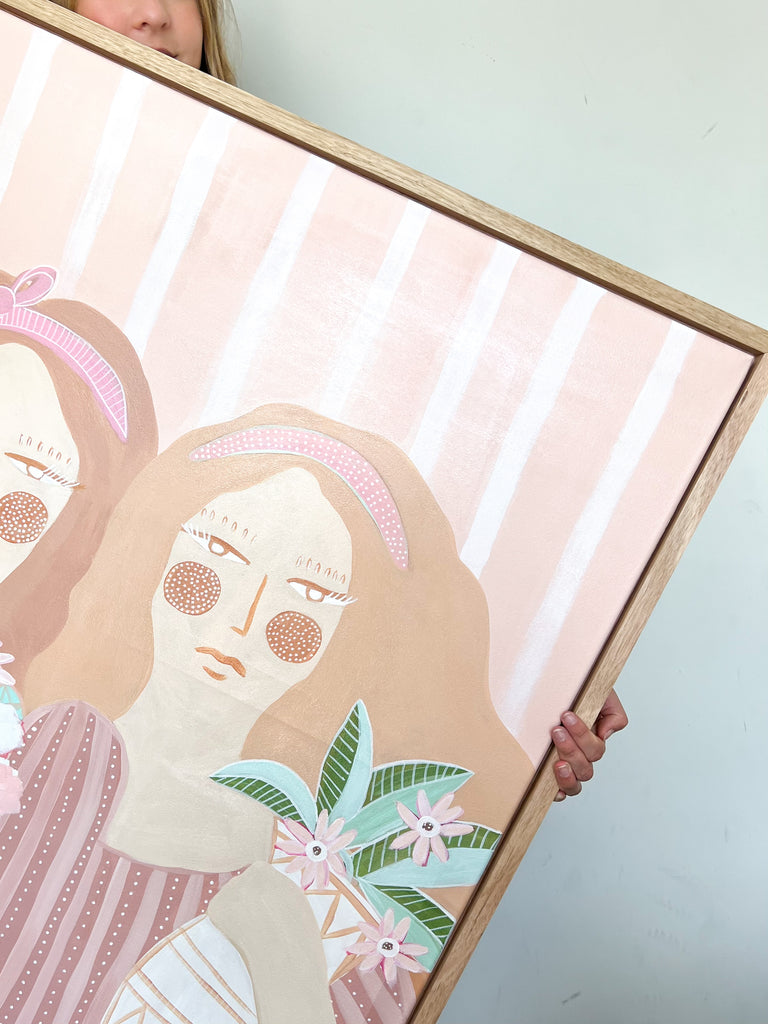 Camille and Rose by Emily Birks 95 x 95cm Framed in Oak