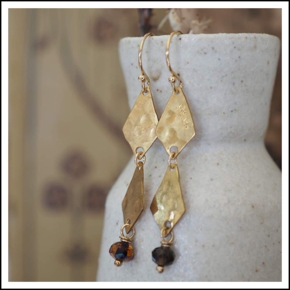 Sunset Murmurs. Raw Brass Diamonds. Czech Glass Beads. Gold Filled Ear Wires.